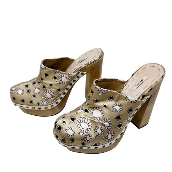 Miu Miu Daisy Floral Platform Clogs Wood Heel Satin Studded Mules Size EU 37.5 - Picture 5 of 12